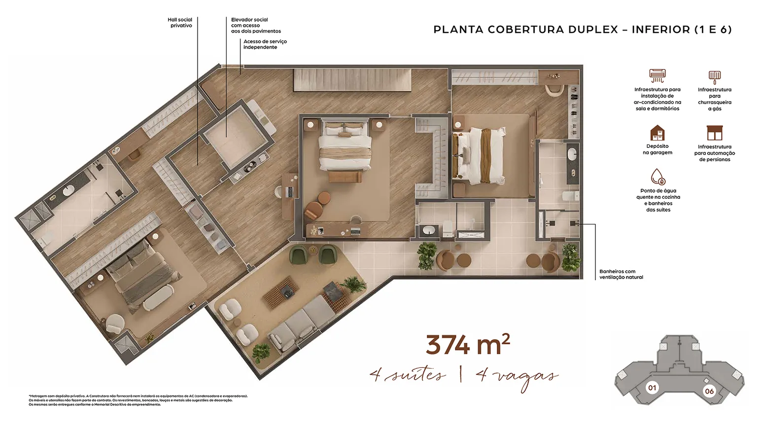Planta Cobertura Duplex — Inferior (1 e 6) — 374 m²